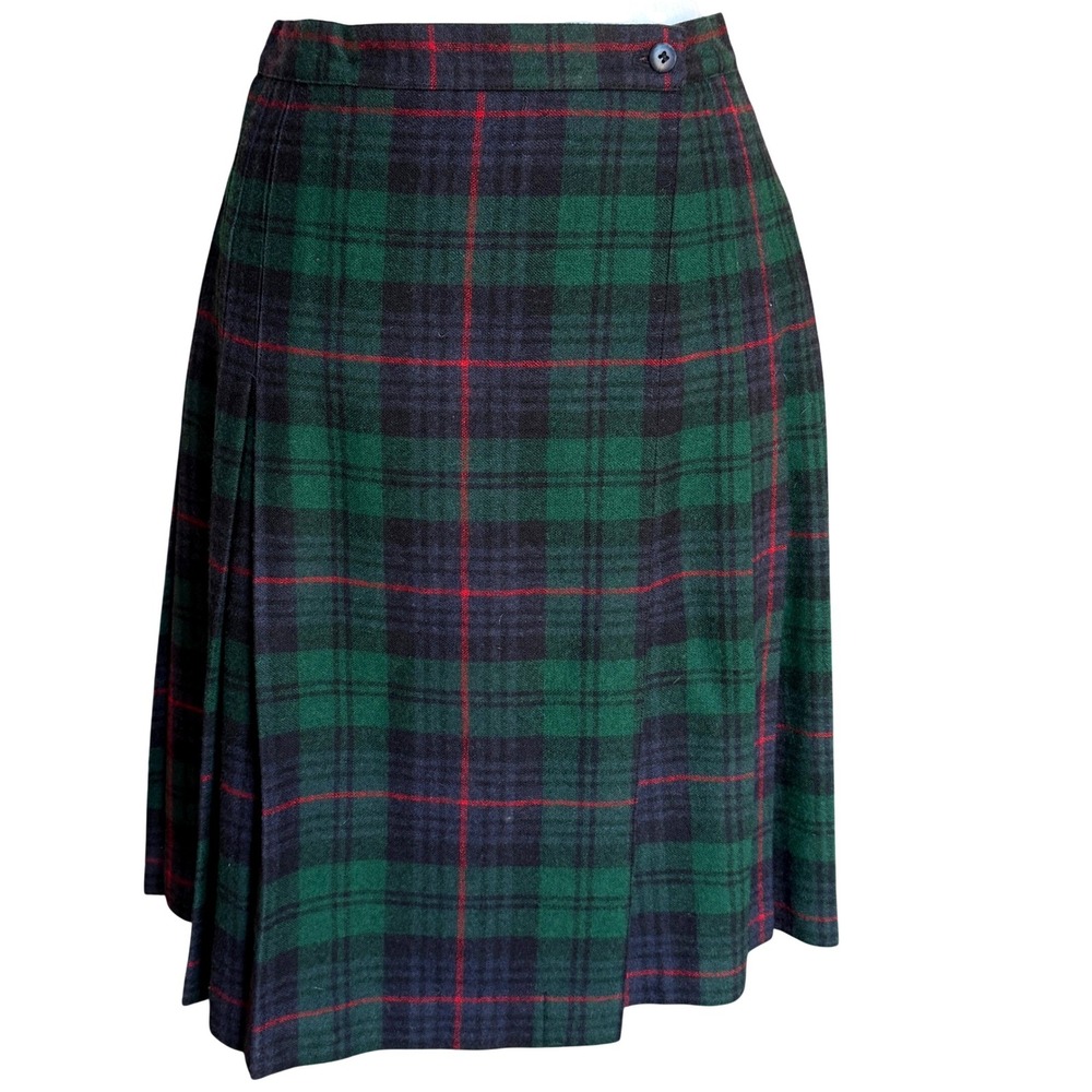 Woolrich Womens Green Navy Tartan Plaid Pleated‎ Wool Wrap Midi Skirt 10 Preppy